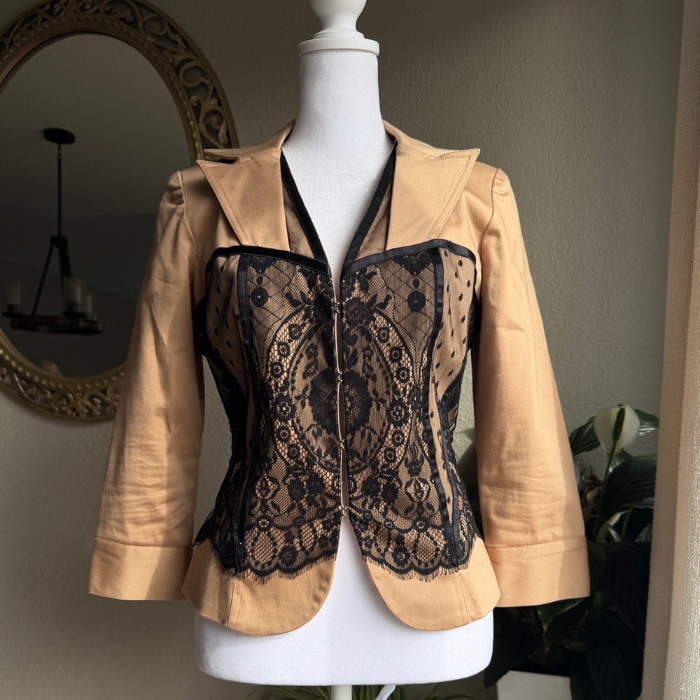 Cache Tan Blazer with Black Lace Corset Overlay